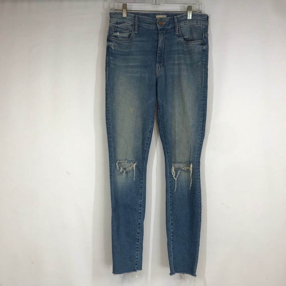 MOTHER High Waisted Skinny Jeans Distressed Ripped Blue Denim Raw Hem Women‎